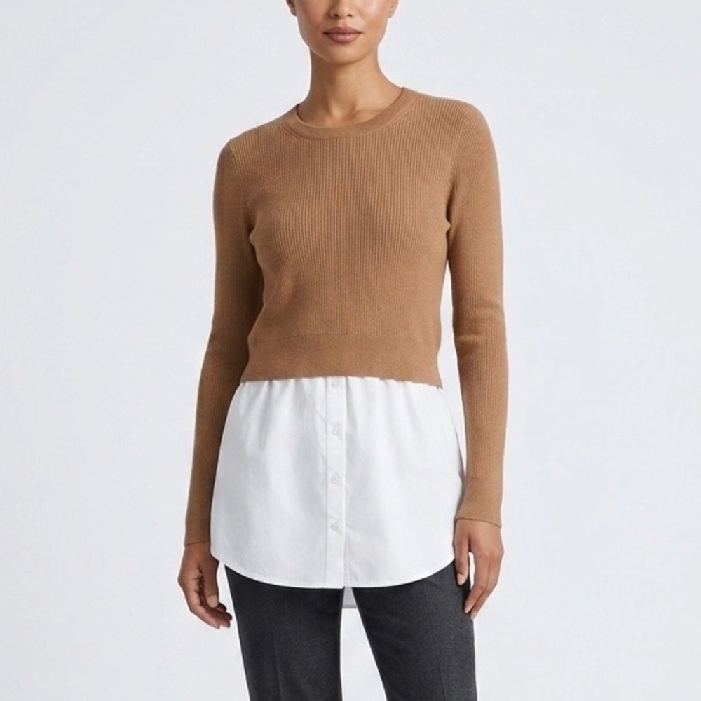 Veronica Beard Tan Rocha Poplin Paneled Merino Wool Mixed Media Sweater Large